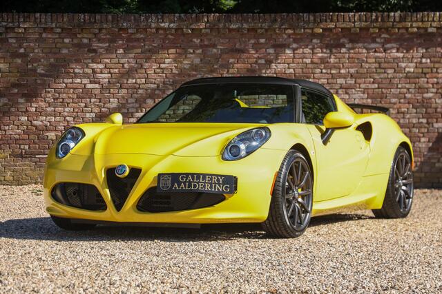 Alfa Romeo 4C 1750 Spider "With Pogea upgrades" Additional options ordered from the factory: 18" multi-spoke wheels - additional carbon fiber and more,Maintained exclusively by trusted Dutch Alfa guys, Livery in Giallo Prototipo with black leather/alcantara, Pogea exhaust and carbon spoiler - "The finishing touch",Comes with a fabric roof cover - Now you can leave home with peace of mind