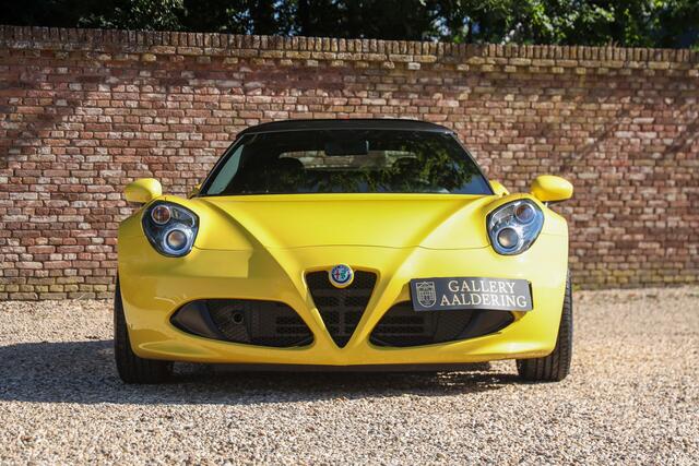 Alfa Romeo 4C 1750 Spider "With Pogea upgrades" Additional options ordered from the factory: 18" multi-spoke wheels - additional carbon fiber and more,Maintained exclusively by trusted Dutch Alfa guys, Livery in Giallo Prototipo with black leather/alcantara, Pogea exhaust and carbon spoiler - "The finishing touch",Comes with a fabric roof cover - Now you can leave home with peace of mind