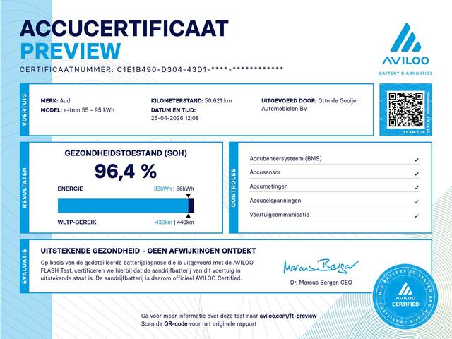 Audi e-tron 55 quattro S edition 95 kWh / SoH 96,4% / 50.621 km! / Trekhaak / Camera / Keyless / B&O / 21'' / Luchtvering / CarPlay / Stoelverwarming / DAB / ACC