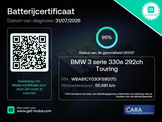 BMW 3-SERIE Touring 330e / SOH 95% / Dealer onderhouden / 1.500 kg Elektr. trekhaak / EAER 60 km / Apple Carplay Android Auto / Elektrische achterklep / Cruise control / Keyless start / Climate control / Navigatie / Parkeersensoren voor en achter /