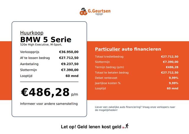 BMW 5-SERIE 520e High Executive, M-Sport, Schuif/Kanteldak, ACC, Laser, Merino Leder, 360Camera, Harman&Kardon