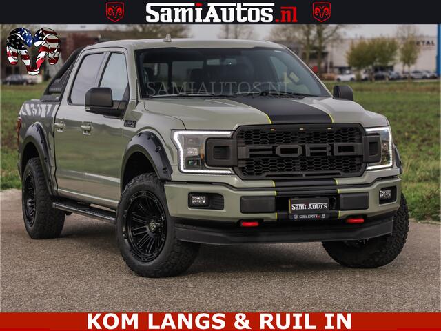 Dodge RAM PICKUP FORD F150 5.0 V8 4X4 | MAT OLIVE GREEN | BIJTELLING VRIJ | ZEER DIK | CAMERA | 3500KG | PANORAMA | LEDER | GO RHINO ROLLBAR | CRUISE CONTROL | PRINS LPG | BAKFLIP COVER | Deze pick-up is leverbaar met zowel een groot rijbewijs (C) als een klein rijbewijs