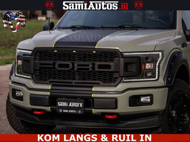 Dodge RAM PICKUP FORD F150 5.0 V8 4X4 | MAT OLIVE GREEN | BIJTELLING VRIJ | ZEER DIK | CAMERA | 3500KG | PANORAMA | LEDER | GO RHINO ROLLBAR | CRUISE CONTROL | PRINS LPG | BAKFLIP COVER | Deze pick-up is leverbaar met zowel een groot rijbewijs (C) als een klein rijbewijs