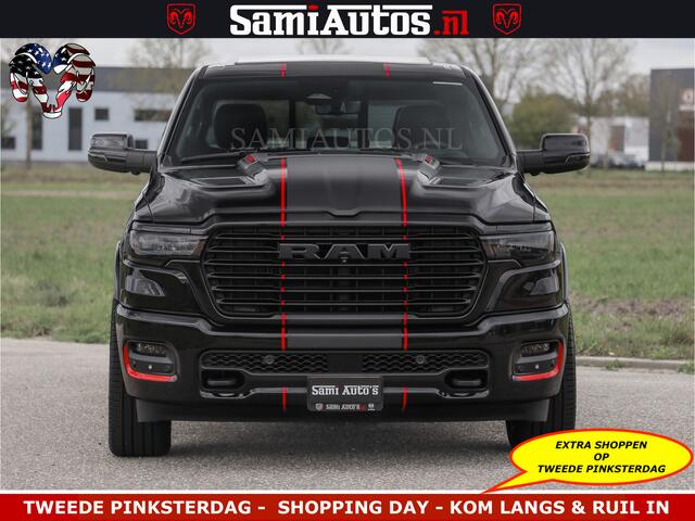 Dodge RAM PICKUP NIGHT PREMIUM | 426PK | STRIPING | LUCHTVERING | HUD | PANO | 360 CAM | Full Option | LIMITED WHEELS | De Meest Luxe Pick-Up in zijn Klasse | Comfortabele Dubbele Cabine met Royale 5 Zitplaatsen | EERSTE EIGENAAR | SMOKE PACK | BOM VOL |