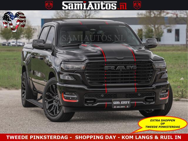 Dodge RAM PICKUP NIGHT PREMIUM | 426PK | STRIPING | LUCHTVERING | HUD | PANO | 360 CAM | Full Option | LIMITED WHEELS | De Meest Luxe Pick-Up in zijn Klasse | Comfortabele Dubbele Cabine met Royale 5 Zitplaatsen | EERSTE EIGENAAR | SMOKE PACK | BOM VOL |