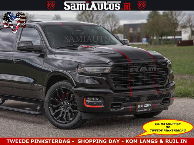 Dodge RAM PICKUP NIGHT PREMIUM | 426PK | STRIPING | LUCHTVERING | HUD | PANO | 360 CAM | Full Option | LIMITED WHEELS | De Meest Luxe Pick-Up in zijn Klasse | Comfortabele Dubbele Cabine met Royale 5 Zitplaatsen | EERSTE EIGENAAR | SMOKE PACK | BOM VOL |