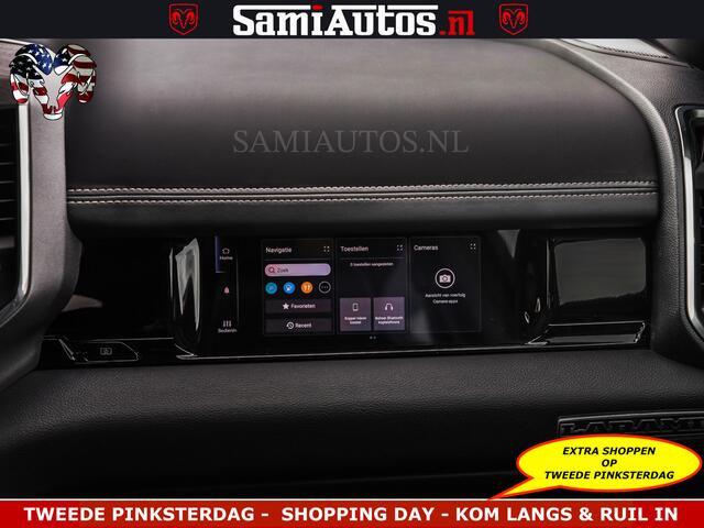 Dodge RAM PICKUP NIGHT PREMIUM | 426PK | STRIPING | LUCHTVERING | HUD | PANO | 360 CAM | Full Option | LIMITED WHEELS | De Meest Luxe Pick-Up in zijn Klasse | Comfortabele Dubbele Cabine met Royale 5 Zitplaatsen | EERSTE EIGENAAR | SMOKE PACK | BOM VOL |