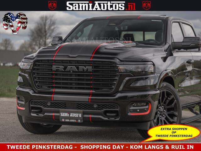 Dodge RAM PICKUP NIGHT PREMIUM | 426PK | STRIPING | LUCHTVERING | HUD | PANO | 360 CAM | Full Option | LIMITED WHEELS | De Meest Luxe Pick-Up in zijn Klasse | Comfortabele Dubbele Cabine met Royale 5 Zitplaatsen | EERSTE EIGENAAR | SMOKE PACK | BOM VOL |
