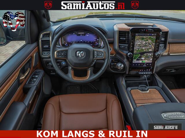 Dodge RAM PICKUP LONGHORN ® EDITION | NEW SADDLE LEATHER | VIRTUAL | HEAD UP | PANODAK | LUCHTVERING | BOM VOL | DC | 5,7L V8 HEMI 402 PK | CREW CAB | DUBBELE CABINE | 4X4 | 5 PERSOONS | GRIJSKENTEKEN | LIMITED