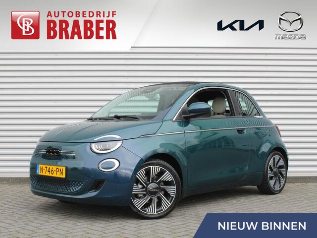 Fiat 500C La Prima 42 kWh | Schuifdak | Stoelverwarming | Camera | Dodehoek detectie | LED | Cruise adapt. | 17" LM | Draaloze telefoonlader | Carplay | Navi |