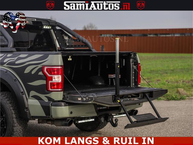 Ford F-150 5.0 V8 4X4 | MAT OLIVE GREEN | BIJTELLING VRIJ | ZEER DIK | CAMERA | 3500KG | PANORAMA | LEDER | GO RHINO ROLLBAR | CRUISE CONTROL | PRINS LPG | BAKFLIP COVER | Deze pick-up is leverbaar met zowel een groot rijbewijs (C) als een klein rijbewijs (B). Laat 