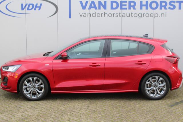 Ford FOCUS 1.0-125pk EcoBoost Mild-Hybrid ST-Line. Chique en erg luxe Ford Focus, fabr. gar. t/m 9 febr. 2027 ! Volautm. airco, navigatie, telefoonvoorb., All Season banden, B&O soundsyst., elektr. panodak, stuur-, stoel- en voorraamverw., adapt. cruise cntrl, side-