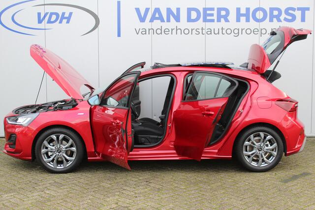 Ford FOCUS 1.0-125pk EcoBoost Mild-Hybrid ST-Line. Chique en erg luxe Ford Focus, fabr. gar. t/m 9 febr. 2027 ! Volautm. airco, navigatie, telefoonvoorb., All Season banden, B&O soundsyst., elektr. panodak, stuur-, stoel- en voorraamverw., adapt. cruise cntrl, side-
