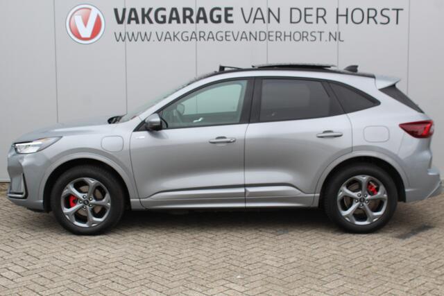 Ford KUGA 2.5-243pk PHEV ST-Line X. Febr. 2026, slechts 14.000km ! Autm. airco dual, elektr. panodak, elektr. trekhaak, elektr. achterklep, leer/alcantara, klep, LED verl., navigatie, telefoonvoorb., stoel-, stuur-, voorraam- en achterbankverw., side- en lan