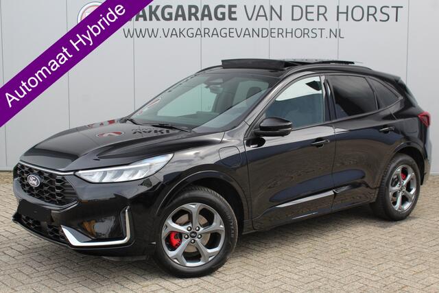 Ford KUGA 2.5-243pk PHEV ST-Line X. Febr. 2026, slechts 9.000km ! Autm. airco dual, elektr. panodak, elektr. trekhaak, elektr. achterklep, leer/alcantara, klep, LED verl., navigatie, telefoonvoorb., stoel-, stuur-, voorraam- en achterbankverw., side- en lan