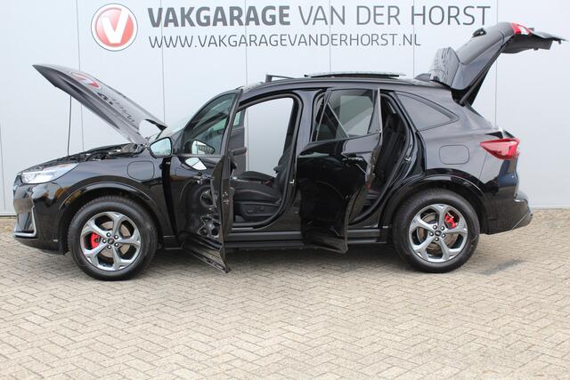 Ford KUGA 2.5-243pk PHEV ST-Line X. Febr. 2026, slechts 9.000km ! Autm. airco dual, elektr. panodak, elektr. trekhaak, elektr. achterklep, leer/alcantara, klep, LED verl., navigatie, telefoonvoorb., stoel-, stuur-, voorraam- en achterbankverw., side- en lan