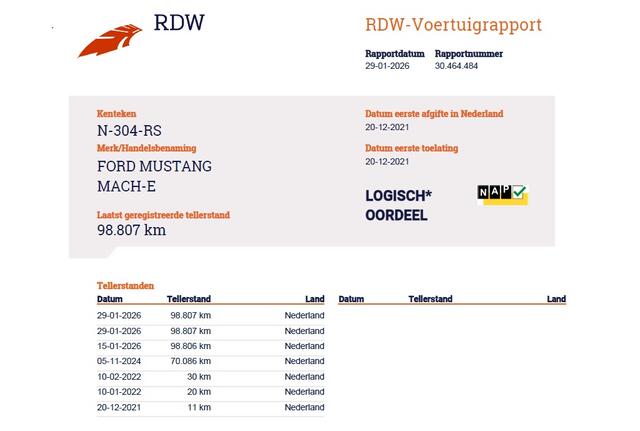 Ford MUSTANG Mach-E SOH 93% RWD 75kWh Technology Pack Plus Panoramadak B&O®-Audio Leder 360°Camera Navi Ecc Apple Carplay/Android Auto Elek.Stoelen+Memory Elek.Achterklep Stuur+Stoelverwarming Lane Assist Led Active Driver Assist FordPass Connect(TM) 1e Eigenaar Origi