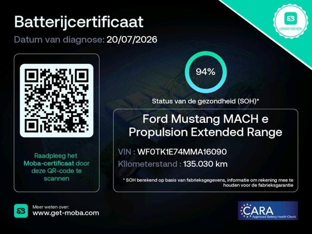 Ford MUSTANG Mach-E Extended RWD 98kWh SOH 94% Trekhaak Adap.Cruise B&O-Audio Leder 360°Camera Stoel+Stuurverwarming Navi Ecc Apple Carplay Android Auto Lmv 18" Privacy Glas Pdc Voorruitverwarming DAB Elek.Achterklep Keyless Dodehoekwaarschuwing 1e Eigenaar 750KG Trekgewicht Origineel Nederlandse Auto