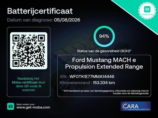 Ford MUSTANG Mach-E Extended RWD 98kWh Technology Pack Plus Panoramadak Trekhaak Adap.Cruise SOH 94% B&O-Audio 360°Camera Leder Elek.Stoelen+Memory Navi Stoel+Stuurverwarming Apple Carplay Android Auto Elek.Achterklep Lmv 18" Pdc Led Isofix DAB 1e Eigenaar 750KG Trekgewicht Origineel Nederlandse Auto