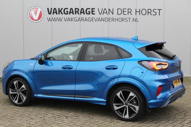Ford PUMA 1.0-155pk EcoBoost Hybrid ST-Line X. Erg mooi, nette, luxe en sportieve Ford Puma ! Autm. airco, stoel-, stuur- en voorraamverw., camera, elektr. achterkl., trekhaak+afneemb. kogel, B&O soundsyst., lane- en side assist, adapt. cruise cntrl, LED verl. etc.