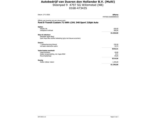 Ford TRANSIT CUSTOM E-Transit 340 L2H1 Sport 71 kWh Trekhaak 2.3T, Carplay, Elektrische stoel Verwacht