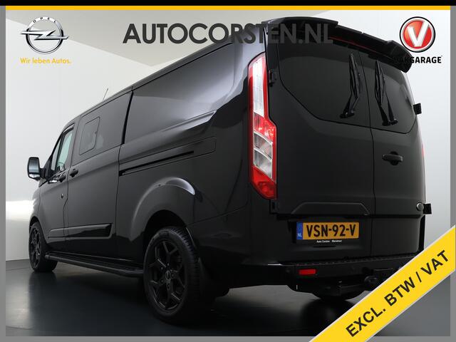 Ford TRANSIT CUSTOM 320 2.0TDCI 170PK Automaat L2H1 Dubbele Cabine 2X Schuifdeur Adap.Cruise 5-Persoons Leder+Verwarmd Trekhaak Navi Camera Pdc Apple Carplay/Android Auto Limited DC Euro 6 Lmv 18" Sidebars Betonplex Vloer Wandbetimmering Lane Assist 3.200KG Trekgewicht