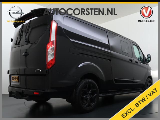 Ford TRANSIT CUSTOM 320 2.0TDCI 170PK Automaat L2H1 Dubbele Cabine 2X Schuifdeur Adap.Cruise 5-Persoons Leder+Verwarmd Trekhaak Navi Camera Pdc Apple Carplay/Android Auto Limited DC Euro 6 Lmv 18" Sidebars Betonplex Vloer Wandbetimmering Lane Assist 3.200KG Trekgewicht