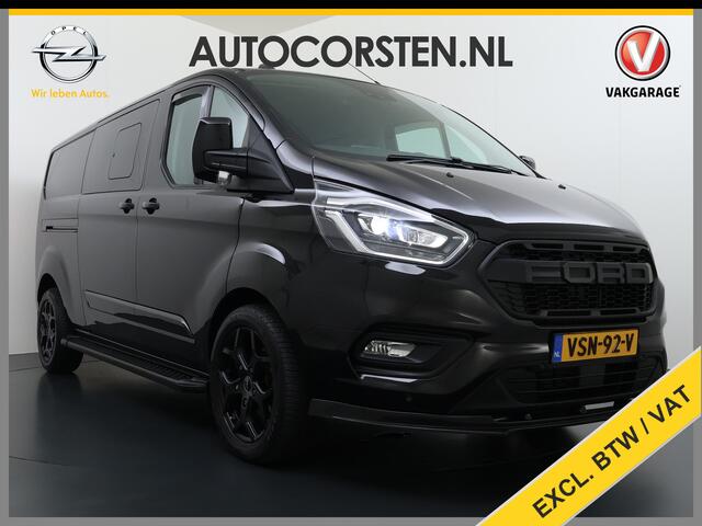 Ford TRANSIT CUSTOM 320 2.0TDCI 170PK Automaat L2H1 Dubbele Cabine 2X Schuifdeur Adap.Cruise 5-Persoons Leder+Verwarmd Trekhaak Navi Camera Pdc Apple Carplay/Android Auto Limited DC Euro 6 Lmv 18" Sidebars Betonplex Vloer Wandbetimmering Lane Assist 3.200KG Trekgewicht
