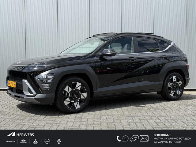 Hyundai Kona 1.6 GDI HEV Premium Sky Automaat / Schuif- & Kanteldak / Zwart Leder / Stoelverkoeling / Stoel- & Stuurverwarming / Fabrieksgarantie 05-01-29 / Navigatie / 360 Camera /