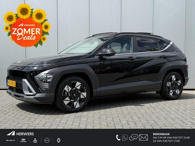 Hyundai Kona 1.6 GDI HEV Premium Sky Automaat / Schuif- & Kanteldak / Zwart Leder / Stoelverkoeling / Stoel- & Stuurverwarming / Fabrieksgarantie 05-01-29 / Navigatie / 360 Camera /