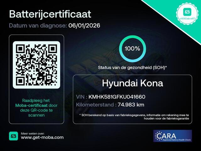 Hyundai Kona EV Premium 64 kWh Automaat / NL auto / Accu SoH 100% / Batterijgarantie 8 jaar 160.000 km / Dealer onderhouden / WLTP 484 km / Warmtepomp / Leder / Navigatie / HUD / Krell audio / Stuur- en stoelverwarming / Stoelventilatie /