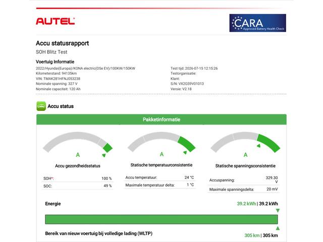 Hyundai Kona EV Comfort 39 kWh / SOH 100% / 3 fase Laden/ 8 jaar Batterijgarantie/ Fabrieksgarantie tot 02-2027 / Dealer onderhouden / Batterijgarantie tot 02-2030 / WLTP 305 km stad 435 km / CSS snelladen / Warmtepomp / Stuur- & Stoelverwarming / Achteruitrijcamera 