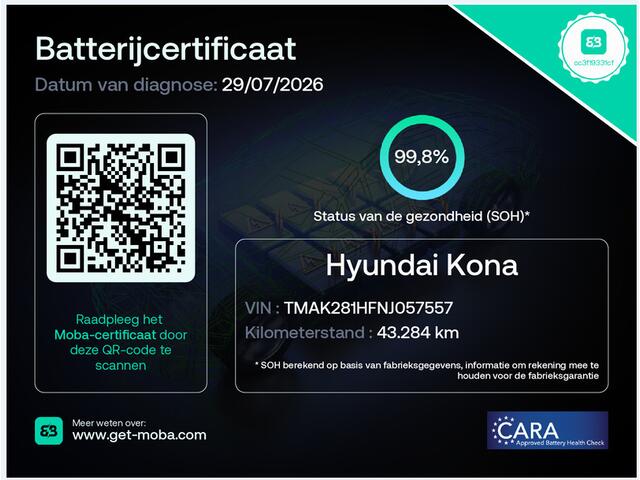 Hyundai Kona EV Comfort 39 kWh / SOH 99,8% / 3 fase Laden/ 8 jaar Batterijgarantie/ Fabrieksgarantie tot 04-2027 / Dealer onderhouden / Batterijgarantie tot 04-2030 / WLTP 305 km stad 435 km / CSS snelladen / Warmtepomp / Stuur- & Stoelverwarming / Achteruitrijcamera