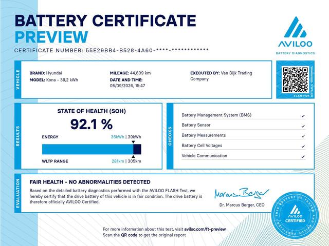 Hyundai Kona EV Comfort 39 kWh ?SOH 92.1% ?Accugarantie ?Navigatie ?Camera ?Apple CarPlay & Android Auto ?Stuur- Stoelverwarming ?Climate ?Cruise