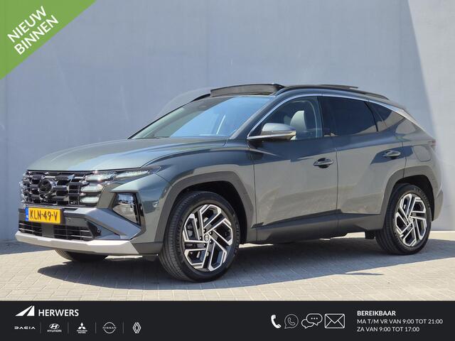Hyundai TUCSON 1.6 T-GDI HEV Premium Sky / Facelift / Fabrieksgarantie tot 03-2030 / Dealer onderhouden / Trekgewicht 1260 kg / Elektrische achterklep / Head Up Display / Glazen schuif- en kanteldak / Stuur- Stoel & Achterbank verwarming / Rondomzicht camera / Stoelvent