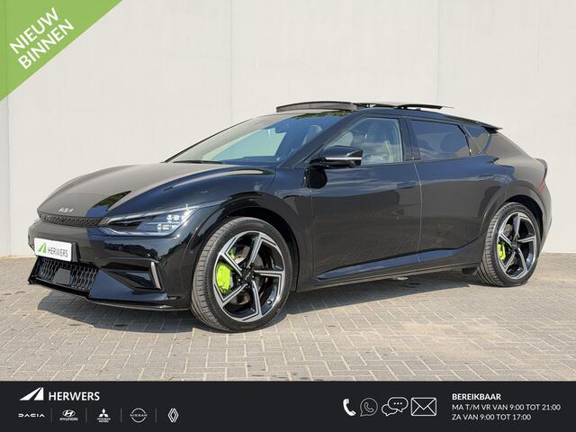 KIA EV6 GT AWD 77.4 kWh 585 pk / SOH 100% /Fabrieksgarantie tot 4-2031 / Dealer onderhouden / Meridian Audio / Warmtepomp / Camera 360° / Navi / Apple Carplay Android / 21" LM wielen / HUD / Sport & Kuipstoelen / CCS Snelladen / Elektr. Achterklep / Stoel Verwarm