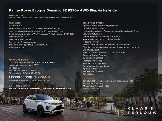 Land Rover RANGE ROVER EVOQUE 1.5 P270e PHEV AWD Dynamic SE | NP ¤ 80.893,- | Black Pack | 20'' Gloss Black | Schuifkanteldak | Cold Clima Pack