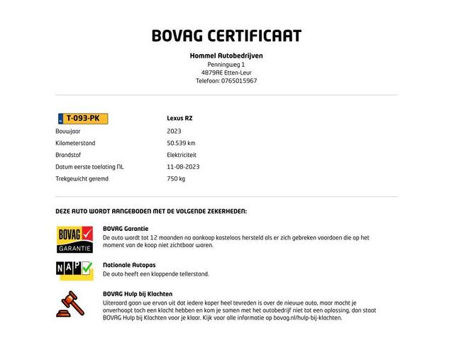 Lexus RZ 450e Executive Line 71 kWh - SOH 96,9 % !!!!- ORIGINEEL NEDERLANDSE AUTO - AFNEEMBARE TREKHAAK - TREKGEWICHT 750 KG - AFKOMSTIG VAN 1E EIGENAAR - 3 FASE - 2 LAADKABELS - LEDEREN BEKLEDING - BEIDE VOORSTOELEN ELEKTRISCH VERSTELBAAR - VOORSTOELEN VERWARMD -