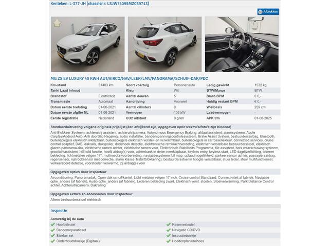 MG ZS MG EV Luxury 45 kWh (143 PK) 1e-Eig. & Dealer-Onderh. BOVAG-Garantie. NL-Auto. Leer, Panoramadak, Navigatie/Apple-Carplay/Android-Auto, Adaptive-Cruisecontrol, Keyless-Entry/Start, Parkeersensoren, Achteruitrijcamera, DAB, Stoelverwarming, Licht-Zicht-Pak