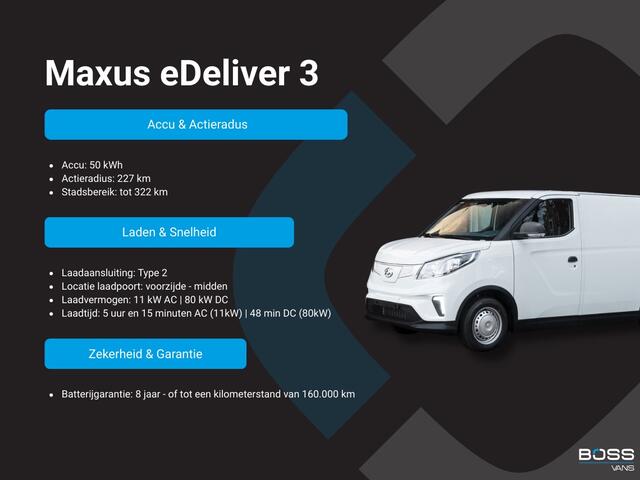 Maxus eDELIVER 3 50kWh 122PK Elektrisch! L1 227km WLTP Cruise control Snelladen Laadkabel Camera Carplay Climtate Control Parkeersensoren achter