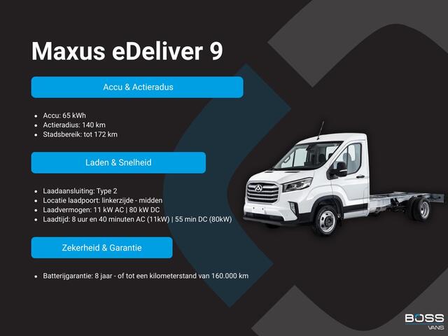 Maxus eDELIVER 9 65kWh 204PK Elektrisch Bakwagen met achterdeuren Airco ACC Carplay Camera Parkeersensoren Meubelbak Koffer