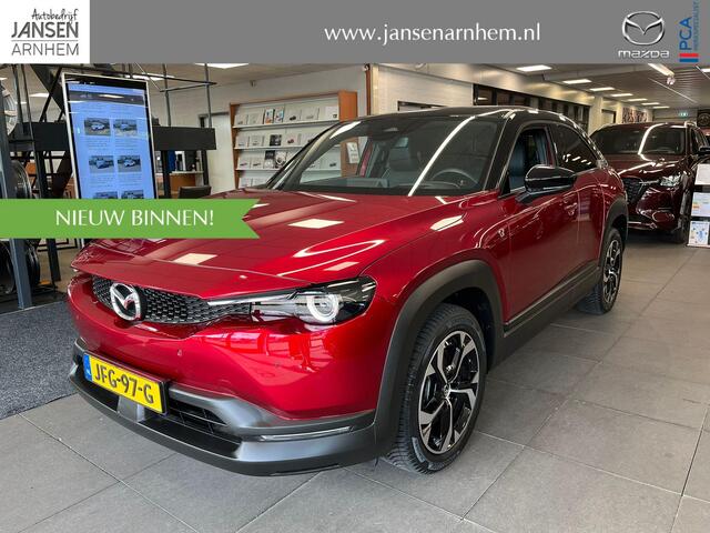 Mazda MX-30 e-SkyActiv R-EV 170 Exclusive-line , Voorraadvoordeel ¤ 9.230,-, Automaat, Trekhaak voor fietsen, All Season, LKA, Camera, Half Leder, Adap. Cruise, LMV 18 Inch, Navi, HUD, Apple Carplay, Stoelverwarming, Stuurverwarming, Stoelverwarming