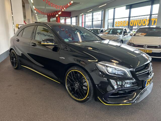 Mercedes-Benz A-KLASSE AMG 45 4MATIC Yellow Night 381PK | Panoramadak | Harman/Kardon | Kuipstoelen | Memory seats | Apple carplay | Adaptief onderstel | Achteruitrijcamera | Fabrieks-af Kleppensysteem | Cruise control | Climate control | Stoelverwarming