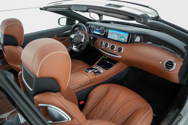 Mercedes-Benz S-KLASSE S63 AMG Cabrio 585pk 4Matic |dealer onderhouden|Carbon exterieur|Burmester High end|drivers package|luchtvering|Air scarf|nightvision|massage|memory|Carbon interieur|HUD|360 camera|