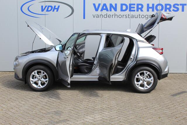 Nissan JUKE 1.0-117pk DIG-T N-Connecta. Werkelijk in nieuwstaat ! Slechts 12.600km ! Volautm. airco, privacy glass, metallic lak, LM wielen, navigatie, camera, pdc v+a, telefoonvoorb., keyless entry&go, LED etc.