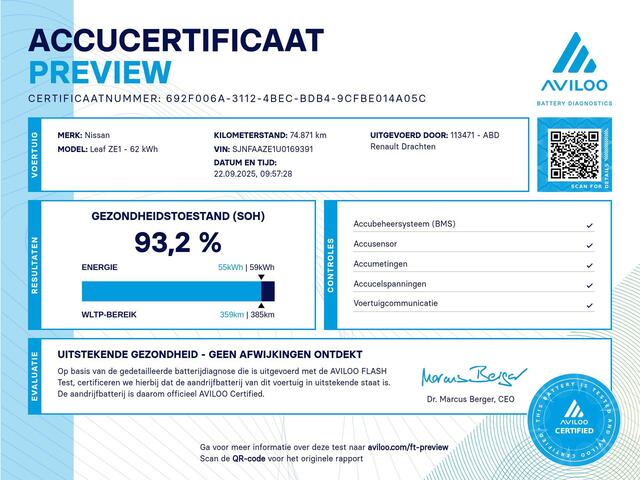 Nissan LEAF e+ Tekna 62 kWh | 385km WLTP | Accu Score 93% | Stuur en Stoelverwarming | Full Led Koplampen | Volledig Lederen Bekleding |