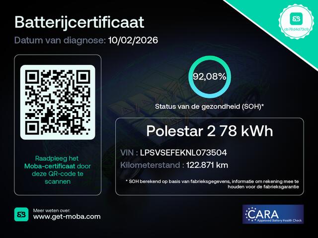 Polestar 2 69kWh SOH 92% Navi Ecc Camera Cruise Control Pdc Stoelverwarming Apple Carplay Android Auto Standard Range Single Motor Elek.Achterklep Lmv 19" Led Isofix Memory Elek.Stoel Keyless Rijstrooksensor 100% Dealeronderhouden