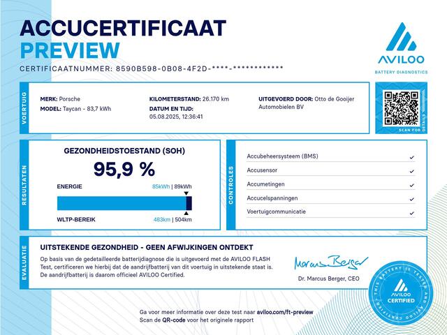 Porsche Taycan Performance 84 kWh 26.170 km! / SoH 95.9% / Panoramadak / 360Camera / 21'' / Bose / ACC / Warmtepomp / Leder / Stuurverwarming