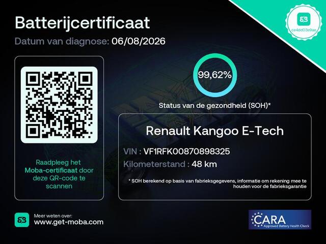Renault KANGOO E-Tech Advance L2 44 kWh / SOH 99,62% / 22 KW Laden / Apple Carplay/Android auto / Automatische airco / Stoelverwarming / Achteruitrijcamera / Parkeersensoren achter / DAB + /