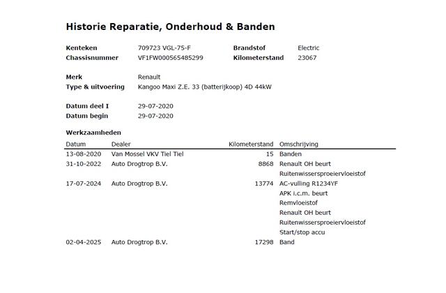 Renault KANGOO Z.E. Automaat Maxi SOH 96% Incl. Accu Airco Cruise Control Pdc Betonplex Vloer Lat om Lat Schuifdeur Dealeronderhouden 1e Eigenaar Origineel Nederlandse Auto